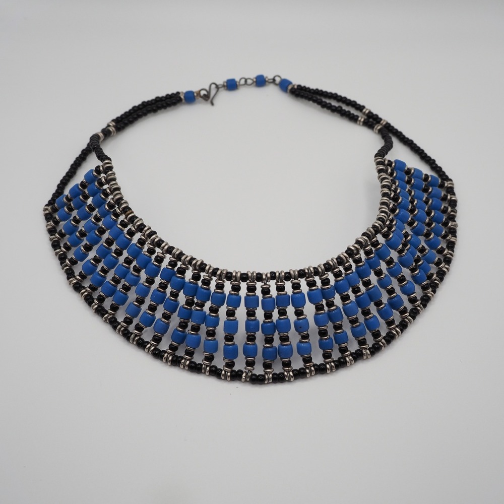 Vintage Artisan Necklace Blue Stone Black Seed Bead Woven Bib Choker Silver Tone